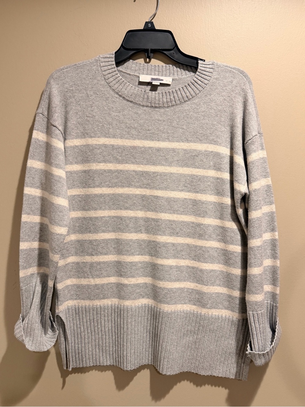 LOFT Petites Striped Crewneck Sweater Gray Ivory Side Slit SP